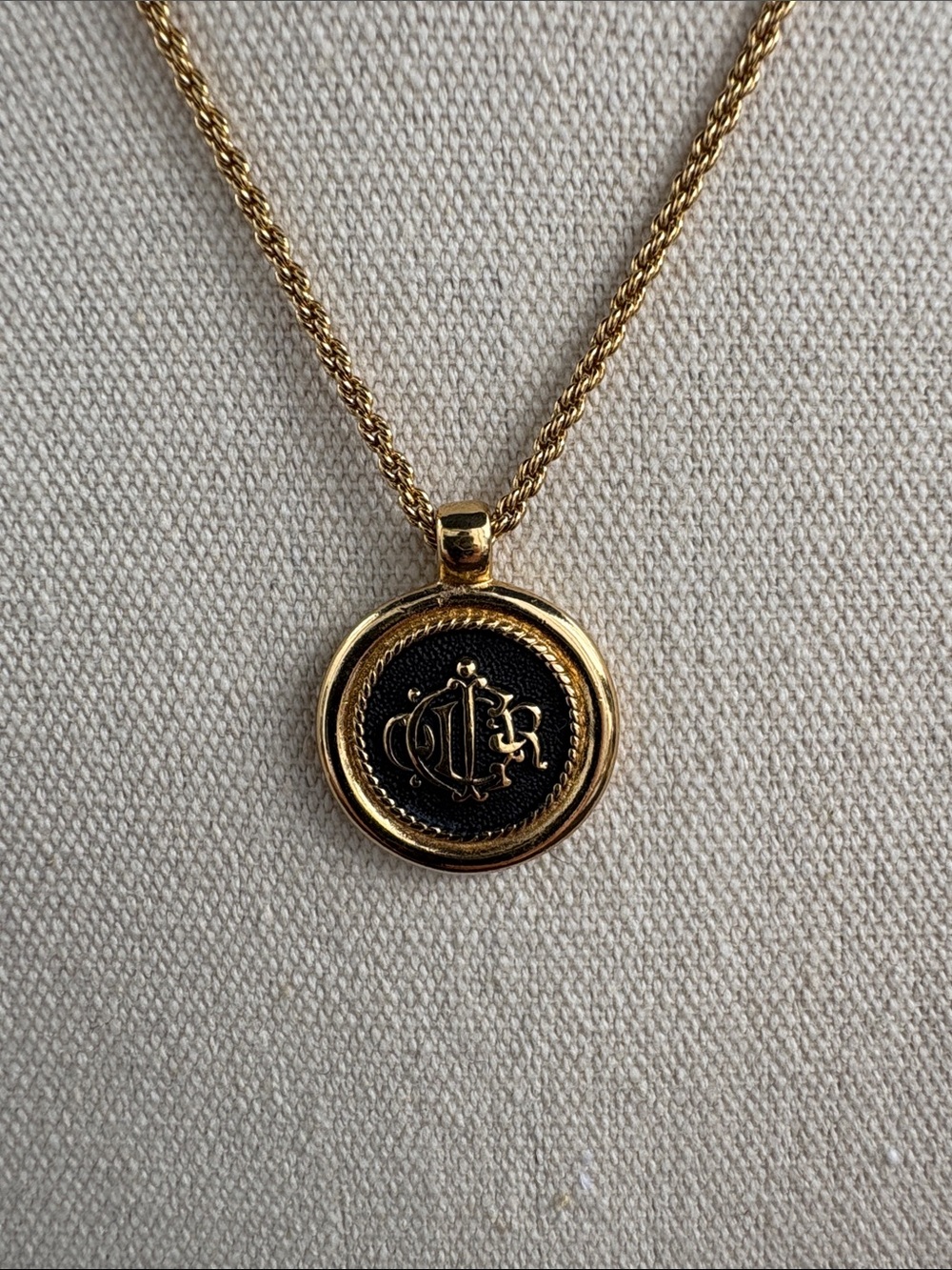 Dior Gold Tone Black Medallion Pendant Necklace